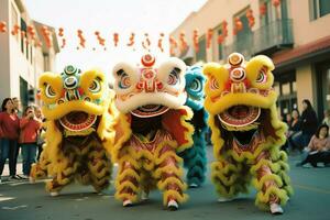 draak of leeuw dans tonen barongsai in viering Chinese maan- nieuw jaar festival. Aziatisch traditioneel concept door ai gegenereerd foto