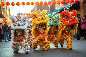 draak of leeuw dans tonen barongsai in viering Chinese maan- nieuw jaar festival. Aziatisch traditioneel concept door ai gegenereerd foto