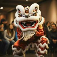 draak of leeuw dans tonen barongsai in viering Chinese maan- nieuw jaar festival. Aziatisch traditioneel concept door ai gegenereerd foto