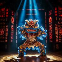 draak of leeuw dans tonen barongsai in viering Chinese maan- nieuw jaar festival. Aziatisch traditioneel concept door ai gegenereerd foto