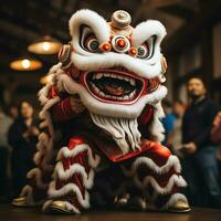 draak of leeuw dans tonen barongsai in viering Chinese maan- nieuw jaar festival. Aziatisch traditioneel concept door ai gegenereerd foto