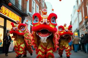 draak of leeuw dans tonen barongsai in viering Chinese maan- nieuw jaar festival. Aziatisch traditioneel concept door ai gegenereerd foto