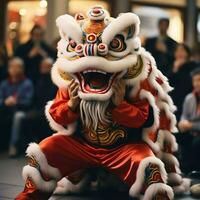 draak of leeuw dans tonen barongsai in viering Chinese maan- nieuw jaar festival. Aziatisch traditioneel concept door ai gegenereerd foto