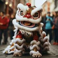 draak of leeuw dans tonen barongsai in viering Chinese maan- nieuw jaar festival. Aziatisch traditioneel concept door ai gegenereerd foto