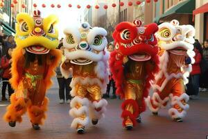 draak of leeuw dans tonen barongsai in viering Chinese maan- nieuw jaar festival. Aziatisch traditioneel concept door ai gegenereerd foto