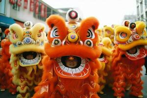 draak of leeuw dans tonen barongsai in viering Chinese maan- nieuw jaar festival. Aziatisch traditioneel concept door ai gegenereerd foto