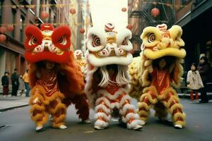 draak of leeuw dans tonen barongsai in viering Chinese maan- nieuw jaar festival. Aziatisch traditioneel concept door ai gegenereerd foto