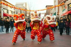 draak of leeuw dans tonen barongsai in viering Chinese maan- nieuw jaar festival. Aziatisch traditioneel concept door ai gegenereerd foto