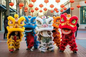 draak of leeuw dans tonen barongsai in viering Chinese maan- nieuw jaar festival. Aziatisch traditioneel concept door ai gegenereerd foto