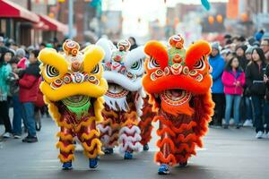 draak of leeuw dans tonen barongsai in viering Chinese maan- nieuw jaar festival. Aziatisch traditioneel concept door ai gegenereerd foto