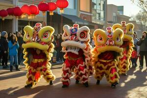 draak of leeuw dans tonen barongsai in viering Chinese maan- nieuw jaar festival. Aziatisch traditioneel concept door ai gegenereerd foto