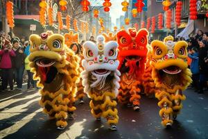 draak of leeuw dans tonen barongsai in viering Chinese maan- nieuw jaar festival. Aziatisch traditioneel concept door ai gegenereerd foto