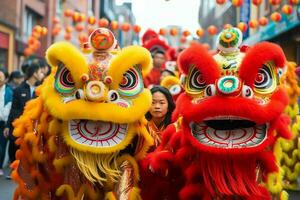 draak of leeuw dans tonen barongsai in viering Chinese maan- nieuw jaar festival. Aziatisch traditioneel concept door ai gegenereerd foto