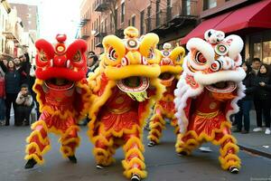 draak of leeuw dans tonen barongsai in viering Chinese maan- nieuw jaar festival. Aziatisch traditioneel concept door ai gegenereerd foto