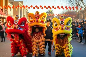 draak of leeuw dans tonen barongsai in viering Chinese maan- nieuw jaar festival. Aziatisch traditioneel concept door ai gegenereerd foto