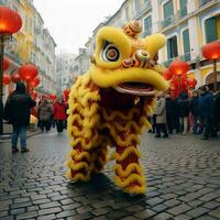 draak of leeuw dans tonen barongsai in viering Chinese maan- nieuw jaar festival. Aziatisch traditioneel concept door ai gegenereerd foto