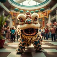 draak of leeuw dans tonen barongsai in viering Chinese maan- nieuw jaar festival. Aziatisch traditioneel concept door ai gegenereerd foto