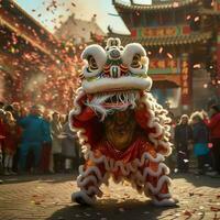 draak of leeuw dans tonen barongsai in viering Chinese maan- nieuw jaar festival. Aziatisch traditioneel concept door ai gegenereerd foto