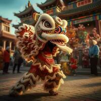 draak of leeuw dans tonen barongsai in viering Chinese maan- nieuw jaar festival. Aziatisch traditioneel concept door ai gegenereerd foto