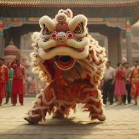 draak of leeuw dans tonen barongsai in viering Chinese maan- nieuw jaar festival. Aziatisch traditioneel concept door ai gegenereerd foto