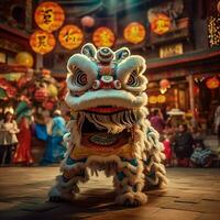 draak of leeuw dans tonen barongsai in viering Chinese maan- nieuw jaar festival. Aziatisch traditioneel concept door ai gegenereerd foto