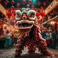 draak of leeuw dans tonen barongsai in viering Chinese maan- nieuw jaar festival. Aziatisch traditioneel concept door ai gegenereerd foto