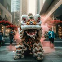 draak of leeuw dans tonen barongsai in viering Chinese maan- nieuw jaar festival. Aziatisch traditioneel concept door ai gegenereerd foto