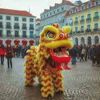 draak of leeuw dans tonen barongsai in viering Chinese maan- nieuw jaar festival. Aziatisch traditioneel concept door ai gegenereerd foto