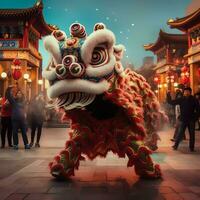 draak of leeuw dans tonen barongsai in viering Chinese maan- nieuw jaar festival. Aziatisch traditioneel concept door ai gegenereerd foto