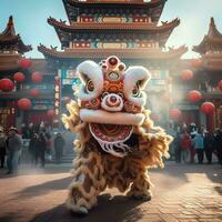 draak of leeuw dans tonen barongsai in viering Chinese maan- nieuw jaar festival. Aziatisch traditioneel concept door ai gegenereerd foto