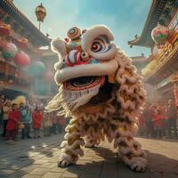 draak of leeuw dans tonen barongsai in viering Chinese maan- nieuw jaar festival. Aziatisch traditioneel concept door ai gegenereerd foto