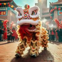 draak of leeuw dans tonen barongsai in viering Chinese maan- nieuw jaar festival. Aziatisch traditioneel concept door ai gegenereerd foto