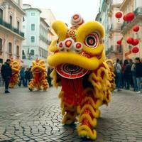 draak of leeuw dans tonen barongsai in viering Chinese maan- nieuw jaar festival. Aziatisch traditioneel concept door ai gegenereerd foto