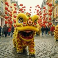 draak of leeuw dans tonen barongsai in viering Chinese maan- nieuw jaar festival. Aziatisch traditioneel concept door ai gegenereerd foto