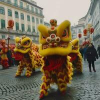 draak of leeuw dans tonen barongsai in viering Chinese maan- nieuw jaar festival. Aziatisch traditioneel concept door ai gegenereerd foto