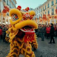 draak of leeuw dans tonen barongsai in viering Chinese maan- nieuw jaar festival. Aziatisch traditioneel concept door ai gegenereerd foto