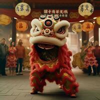 draak of leeuw dans tonen barongsai in viering Chinese maan- nieuw jaar festival. Aziatisch traditioneel concept door ai gegenereerd foto