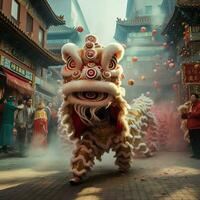 draak of leeuw dans tonen barongsai in viering Chinese maan- nieuw jaar festival. Aziatisch traditioneel concept door ai gegenereerd foto