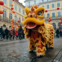 draak of leeuw dans tonen barongsai in viering Chinese maan- nieuw jaar festival. Aziatisch traditioneel concept door ai gegenereerd foto