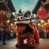 draak of leeuw dans tonen barongsai in viering Chinese maan- nieuw jaar festival. Aziatisch traditioneel concept door ai gegenereerd foto