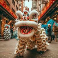 draak of leeuw dans tonen barongsai in viering Chinese maan- nieuw jaar festival. Aziatisch traditioneel concept door ai gegenereerd foto