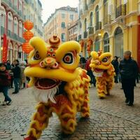 draak of leeuw dans tonen barongsai in viering Chinese maan- nieuw jaar festival. Aziatisch traditioneel concept door ai gegenereerd foto