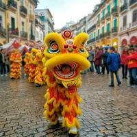 draak of leeuw dans tonen barongsai in viering Chinese maan- nieuw jaar festival. Aziatisch traditioneel concept door ai gegenereerd foto