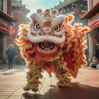 draak of leeuw dans tonen barongsai in viering Chinese maan- nieuw jaar festival. Aziatisch traditioneel concept door ai gegenereerd foto