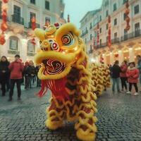 draak of leeuw dans tonen barongsai in viering Chinese maan- nieuw jaar festival. Aziatisch traditioneel concept door ai gegenereerd foto