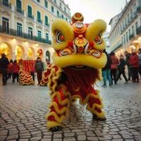 draak of leeuw dans tonen barongsai in viering Chinese maan- nieuw jaar festival. Aziatisch traditioneel concept door ai gegenereerd foto