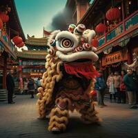 draak of leeuw dans tonen barongsai in viering Chinese maan- nieuw jaar festival. Aziatisch traditioneel concept door ai gegenereerd foto