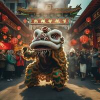 draak of leeuw dans tonen barongsai in viering Chinese maan- nieuw jaar festival. Aziatisch traditioneel concept door ai gegenereerd foto