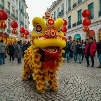 draak of leeuw dans tonen barongsai in viering Chinese maan- nieuw jaar festival. Aziatisch traditioneel concept door ai gegenereerd foto