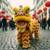 draak of leeuw dans tonen barongsai in viering Chinese maan- nieuw jaar festival. Aziatisch traditioneel concept door ai gegenereerd foto